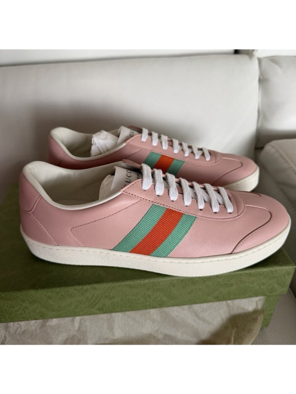 NEW Gucci Women's Sneakers Pink G74 Leather Web White size 38 8 US - Picture 7 of 10